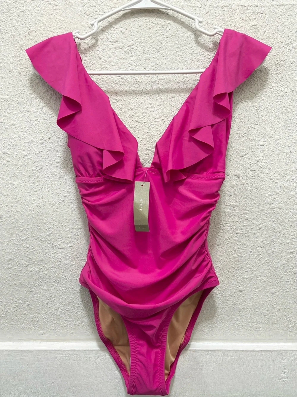 J Crew Womens Ruched Ruffle One Piece Swimsuit in Fuchsia Pink Size 2 NWT